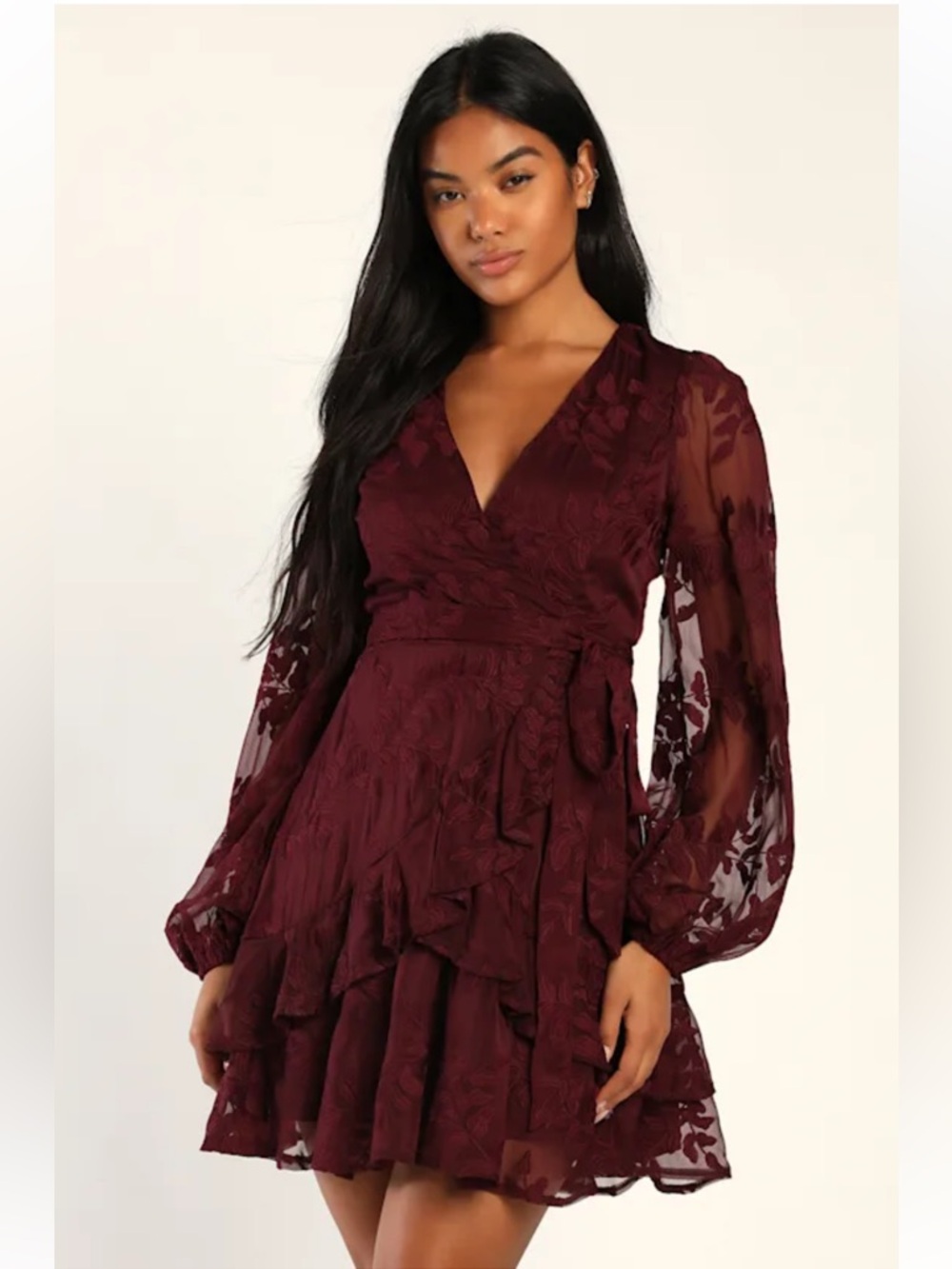 Lulus Inclined to Romance Burgundy Floral Embroidered Mini Dress Size XL